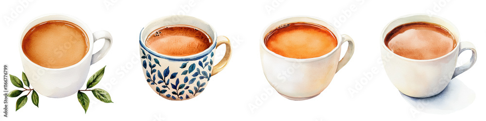 Assortment of Cozy and Comforting Cups of Freshly Brewed Coffee with Elegant Ceramic Mugs in Various Patterns and Colors Placed on a Rustic Wooden Table with Green Leaves Accent Assortment of Cozy and Comforting Cups of Freshly Brewed Coffee with Elegant Ceramic Mugs in Various Patterns and Colors Placed on a Rustic Wooden Table with Green Leaves Accent