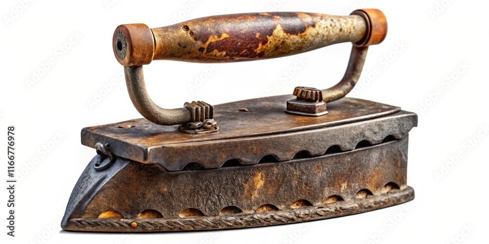 Antique Rusty Coal Iron Top View, Wooden Handle, 3D Render, Isolated on White Antique Rusty Coal Iron Top View, Wooden Handle, 3D Render, Isolated on White