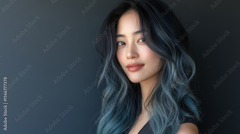 Naklejka premium woman with luxurious, long hair styled in voluminous waves, displaying a seamless blend of hues from shatush and balayage coloring, with a serene expression and a simple