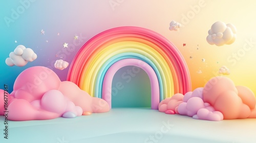 A playful rainbow background with bold, vivid colors arranged in a perfect arc, set against a soft gradient sky and embellished with whimsical details like floating clouds and sparkling stars, photo