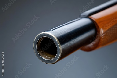 Close-up of a shotgun barrel with a sleek black and wooden finish, focusing on the muzzle. photo