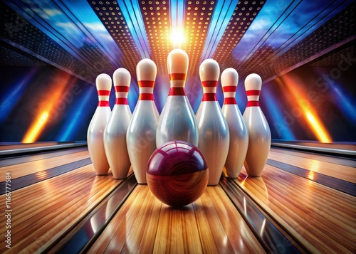 Bowling Alley Game Setup - Front View, Ten Pins Ready for Strike