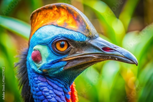 Close-up Cassowary Face, Vibrant Feathers, Sharp Beak, Grass Background - High-Resolution Stock Photo photo