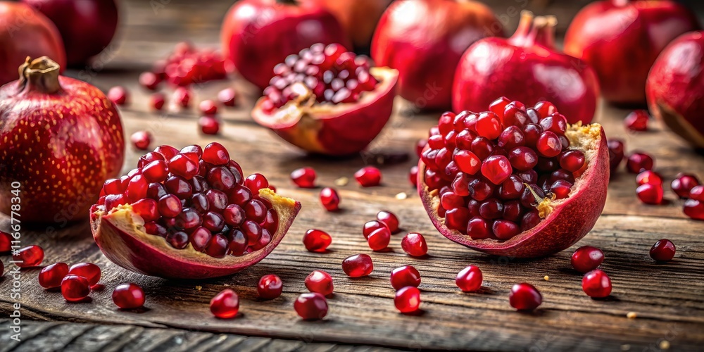 Close-up of vibrant red pomegranate seeds, scattered on rustic wooden surface, natural light, documentary style photography. Close-up of vibrant red pomegranate seeds, scattered on rustic wooden surface, natural light, documentary style photography.
