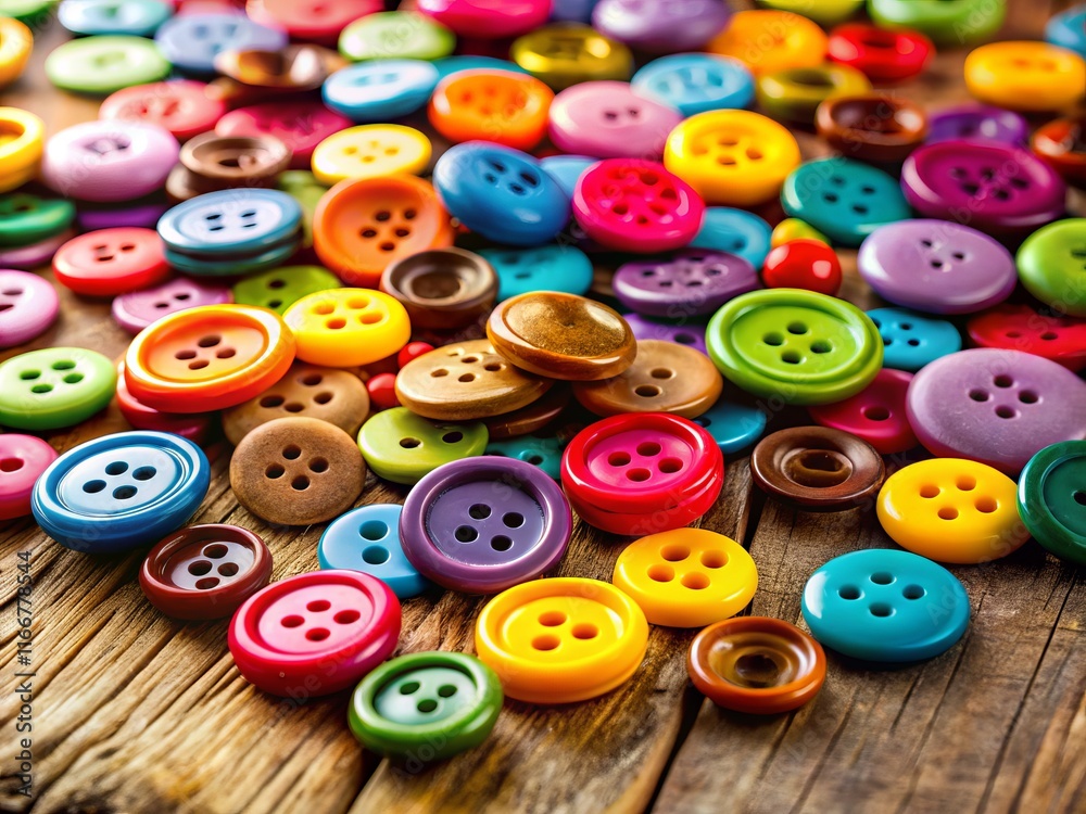 Colorful Sewing Buttons on Rustic Wood Background - Crafting Textures Colorful Sewing Buttons on Rustic Wood Background - Crafting Textures