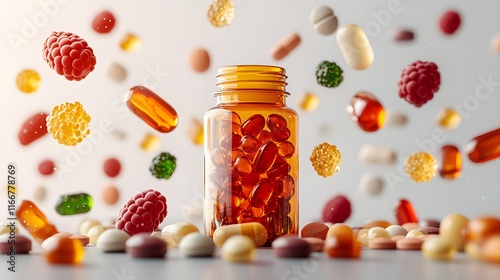 Vibrant multivitamin bottle with colorful gummies and capsules - Generative AI.
