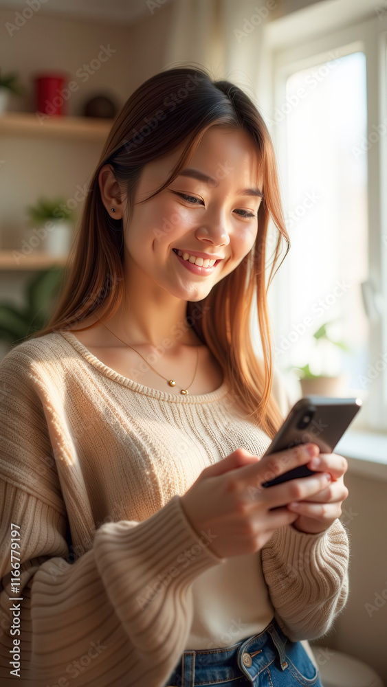 Young woman using smartphone, browsing internet and smiling at home Young woman using smartphone, browsing internet and smiling at home