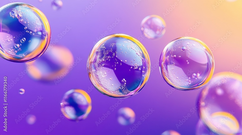 Purple and yellow soap bubbles in paint create an abstract design suitable for a colorful background.
