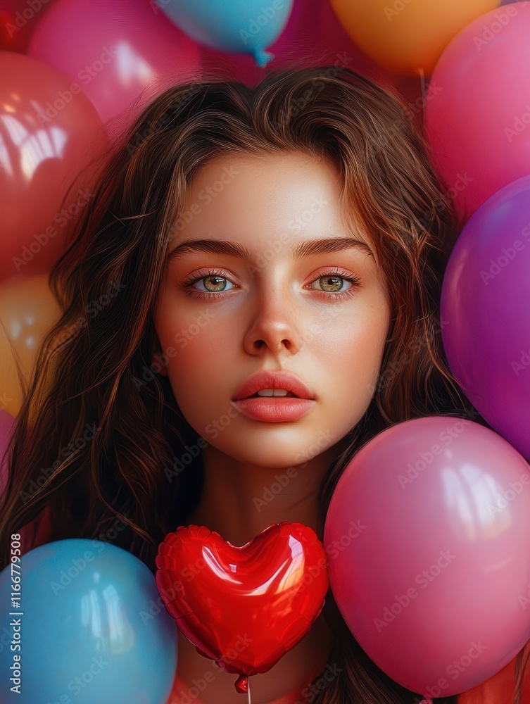 Portrait of a woman having balloon heart shape. Portrait of a woman having balloon heart shape.