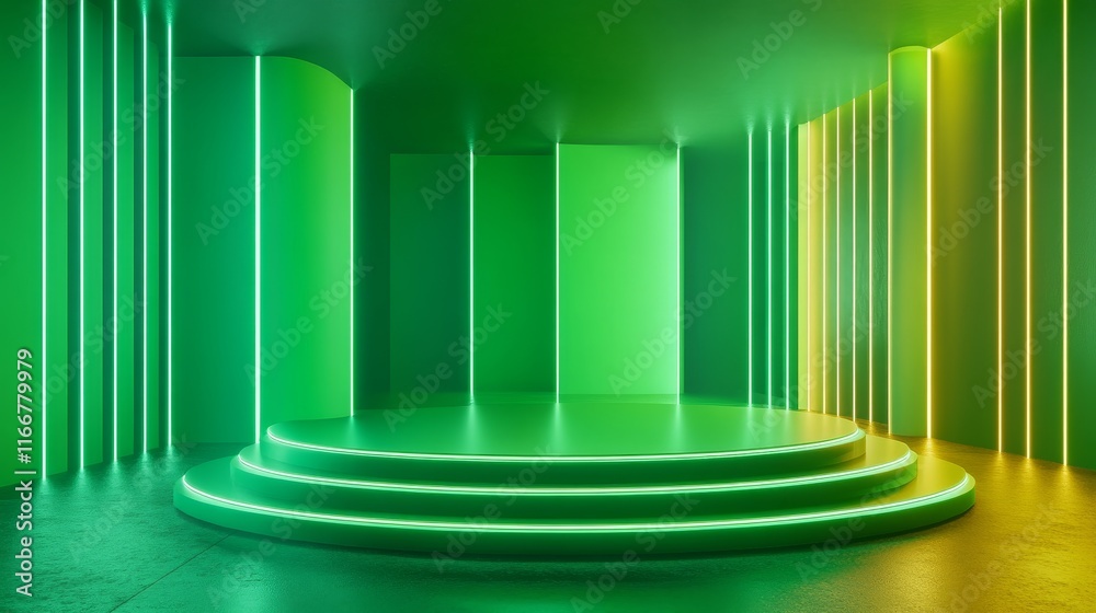 Fototapeta premium Futuristic green room with neon lights creating an abstract technology background atmosphere