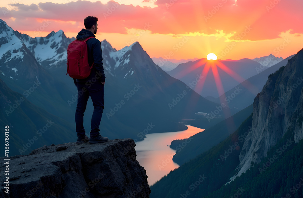 A man carrying a backpack is standing majestically atop a mountain, taking in the breathtaking view of a winding river below