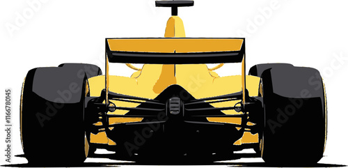 Back view of a yellow formula 1 car icon illustration isolated on a transparent background.
