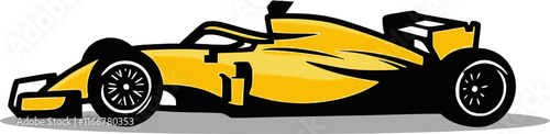 Side view of a yellow formula 1 car vector icon isolated on a transparent background.