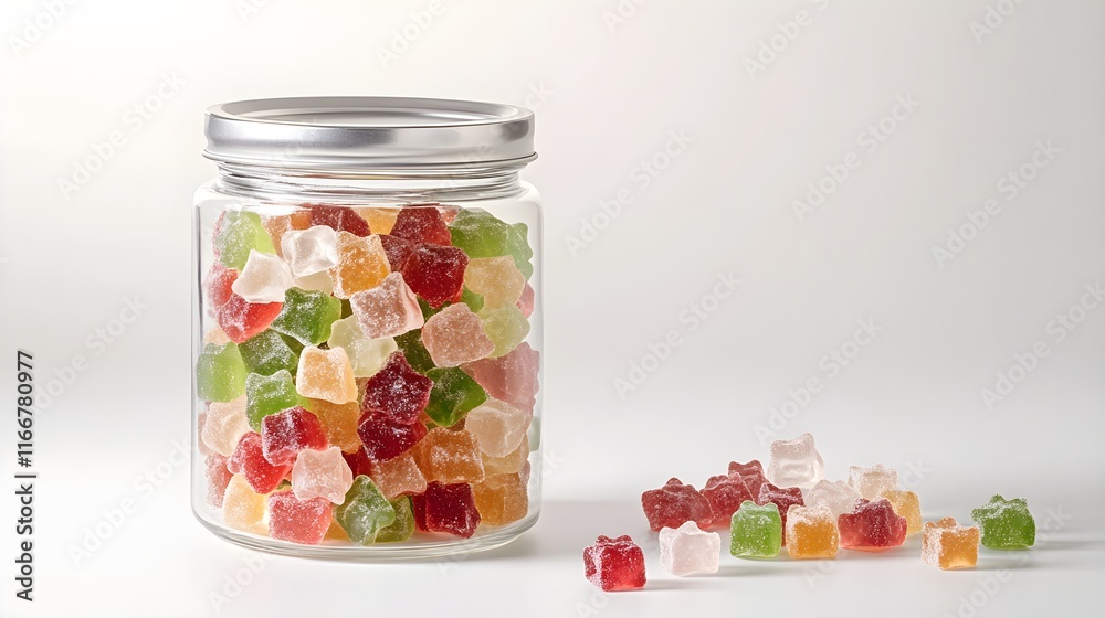Colorful jar of gummy bears beside smaller candy jars - Generative AI Colorful jar of gummy bears beside smaller candy jars - Generative AI