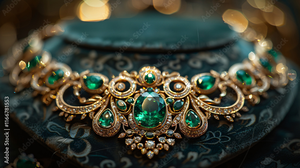 Exquisite emerald bracelet adorned with diamonds set against lush green foliage. Exquisite emerald bracelet adorned with diamonds set against lush green foliage.