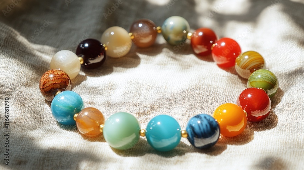 Colorful Natural Stone Beads Bracelet on Soft Fabric Background Colorful Natural Stone Beads Bracelet on Soft Fabric Background