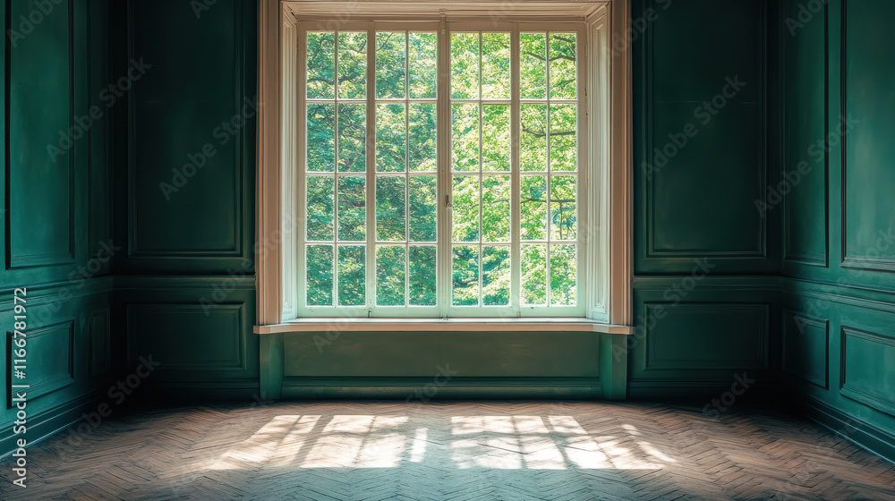 A professional photograph of a room with jade green walls and a vintage herringbone wooden floor, a large square window revealing a lush forest view, bathed in diffused white daylight for a tranquil a A professional photograph of a room with jade green walls and a vintage herringbone wooden floor, a large square window revealing a lush forest view, bathed in diffused white daylight for a tranquil a