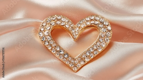 Golden Heart Shaped Brooch with Sparkling Crystals on Satin Fabric
