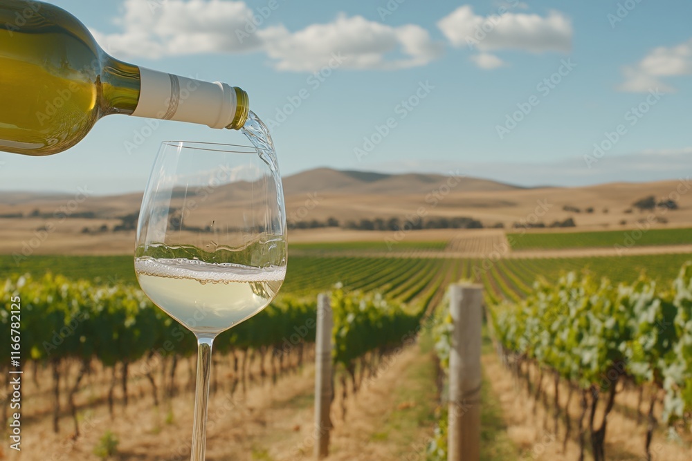 Pouring White Wine into Glass with Vineyard Landscape Under Clear Blue Sky Pouring White Wine into Glass with Vineyard Landscape Under Clear Blue Sky