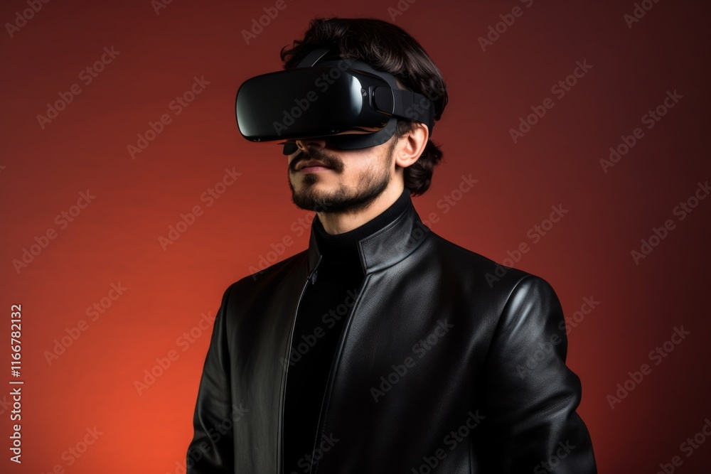 Man wears virtual reality headset in dark setting with illuminated background Man wears virtual reality headset in dark setting with illuminated background