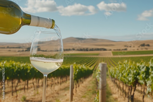 Pouring White Wine into Glass with Vineyard Landscape Under Clear Blue Sky