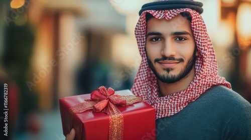 Portrait of a young arabic man with a red gift box. Outdoors photo