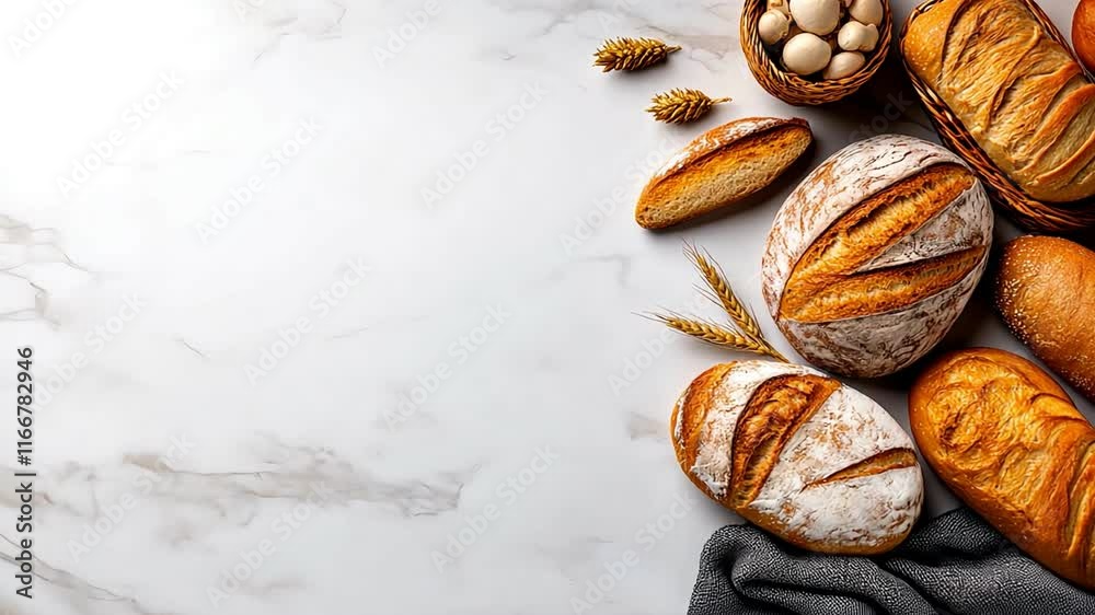 Freshly baked bread assortment, white isolate background