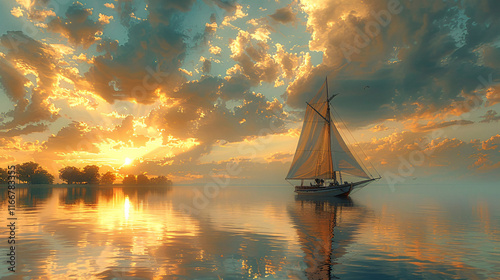 A serene sailboat gliding over calm waters during a breathtaking sunset, showcasing vibrant colors and tranquil reflections.
