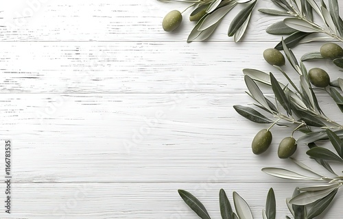 Olive Branches Adorning Rustic Wooden Table Top View - Ideal for Easter Card or Banner Design