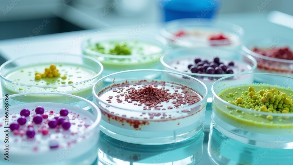 Close-up. Variety of colored bacterial colonies and fungal cultures cultivated in several dishes Close-up. Variety of colored bacterial colonies and fungal cultures cultivated in several dishes