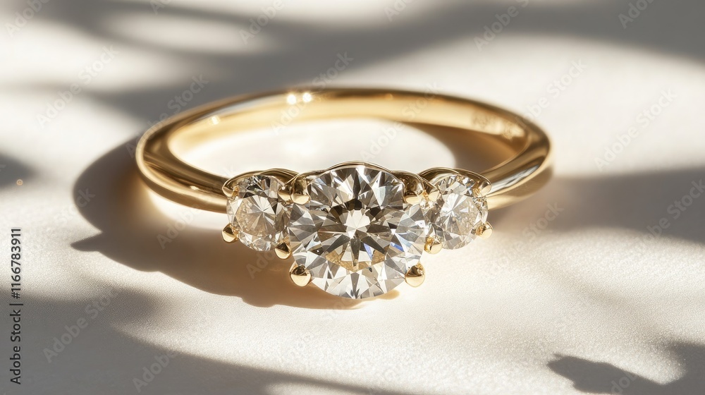 Elegant Three-Stone Gold Ring with Sparkling Diamonds in Light Elegant Three-Stone Gold Ring with Sparkling Diamonds in Light