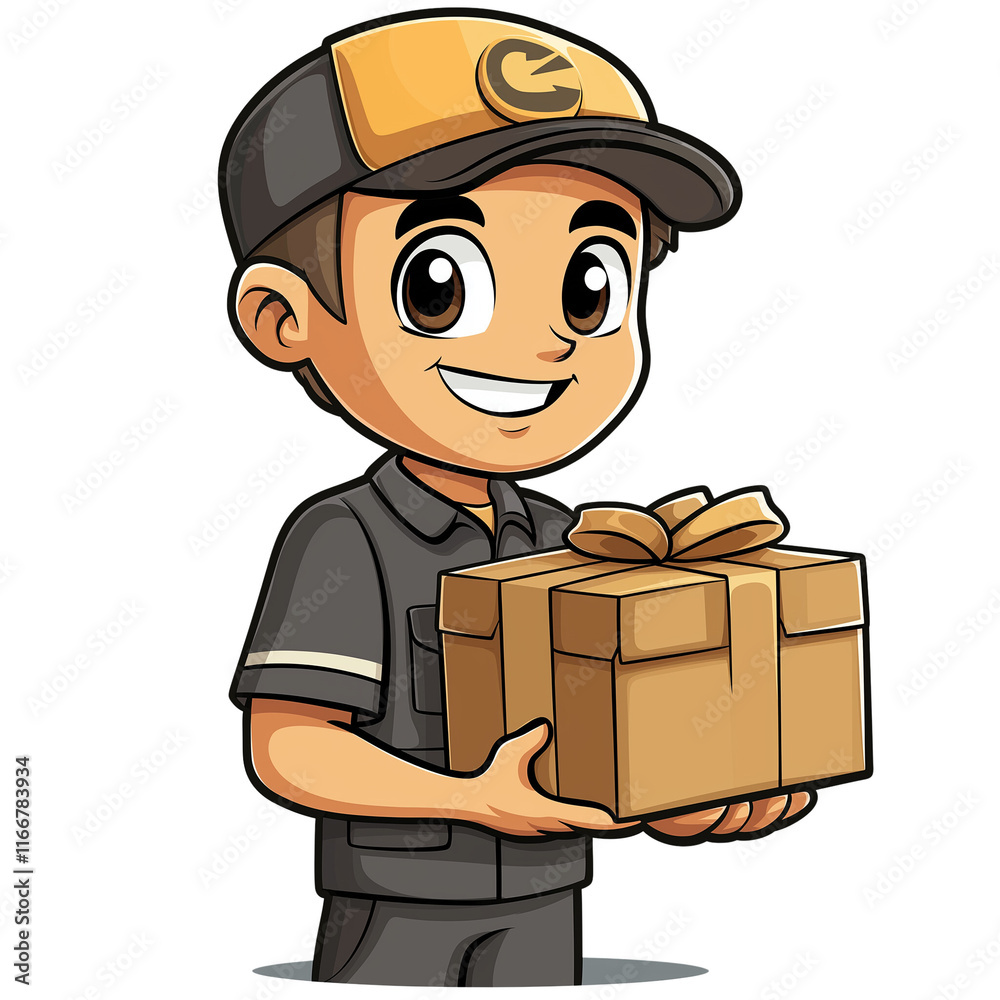 Delivery Boy with Gift: This cheerful cartoon delivery boy, sporting a cap and a warm smile, holds a beautifully wrapped gift, capturing the essence of happy customer service and secure delivery. Delivery Boy with Gift: This cheerful cartoon delivery boy, sporting a cap and a warm smile, holds a beautifully wrapped gift, capturing the essence of happy customer service and secure delivery.