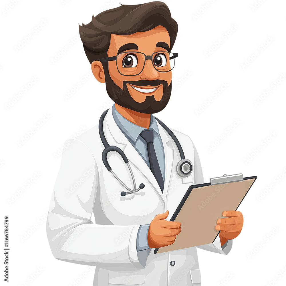 Fototapeta premium Confident Doctor with Clipboard: A friendly and professional cartoon doctor with a warm smile, ready to listen and provide care. He holds a clipboard.