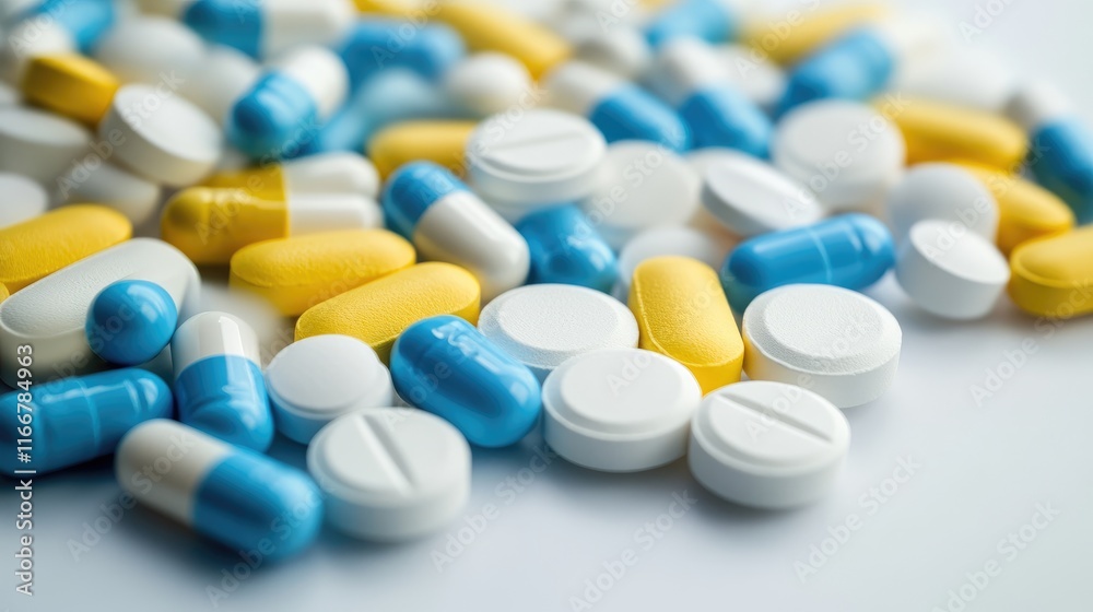 Variety of Colorful Medical Pills and Capsules on Smooth Surface in Close-Up Detail Variety of Colorful Medical Pills and Capsules on Smooth Surface in Close-Up Detail