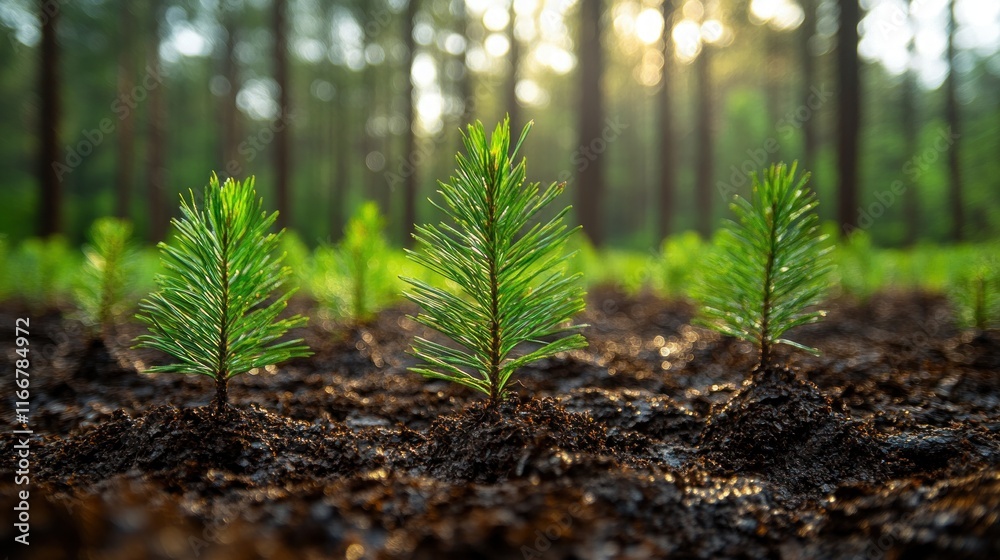 Young pine saplings growing in rich soil, sunlight filtering through forest. Young pine saplings growing in rich soil, sunlight filtering through forest.
