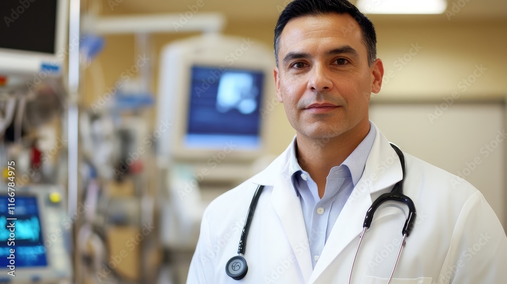 Healthcare professional in white coat with stethoscope standing confidently in modern hospital setting with medical equipment visible