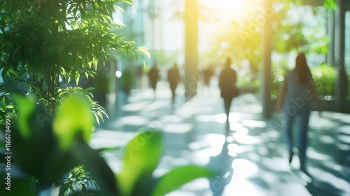 Blurred background of people walking in a modern office building with green trees and sunlight , eco friendly and ecological responsible business concept photo