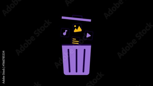 An animated illustration of a file being thrown into a purple trash can on a transparent background symbolizing deleting or cleaning files on a digital platform. Simple and modern design.