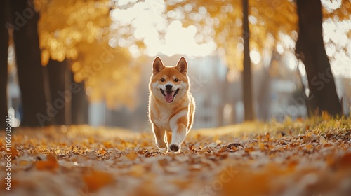 Shiba Inu dog joyfully running through vibrant autumn park with fallen leaves and warm sunlight filtering through trees photo