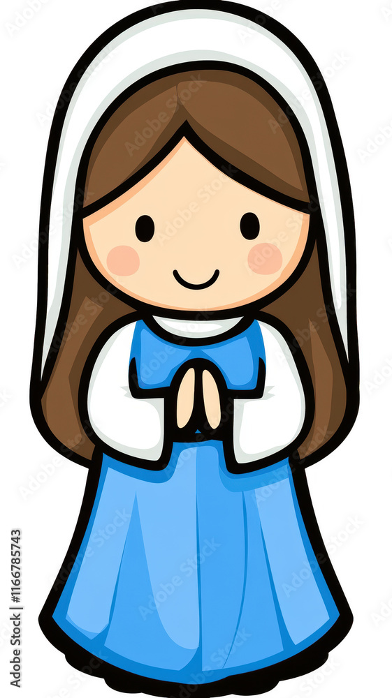 cute illustration of character in blue dress with white headscarf, hands clasped in prayer, and gentle smile, evoking sense of peace and innocence cute illustration of character in blue dress with white headscarf, hands clasped in prayer, and gentle smile, evoking sense of peace and innocence