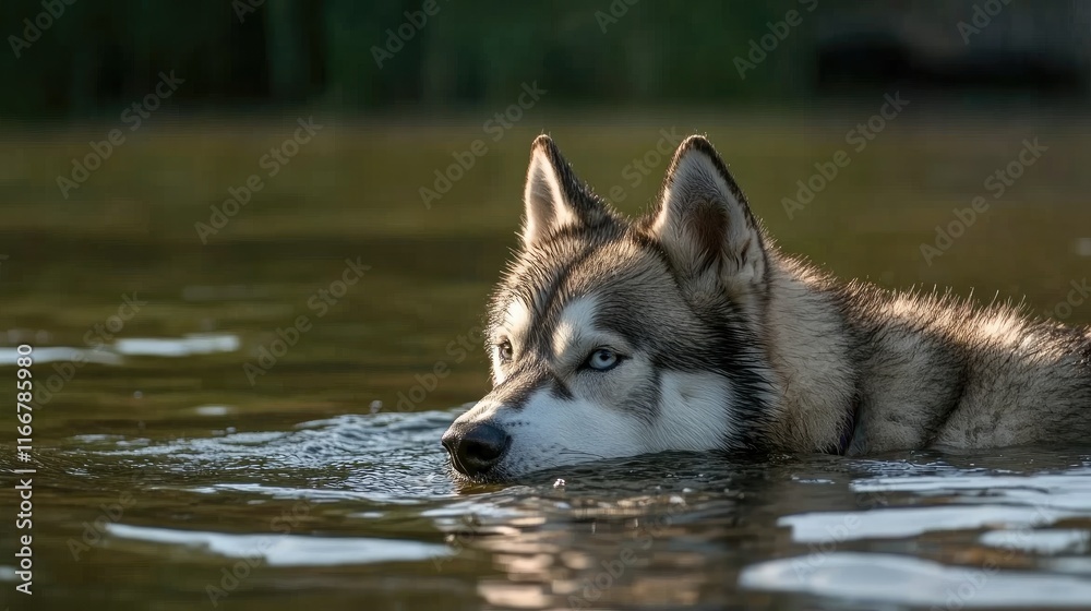 Husky Dog Swimming Gracefully in Clear Water Surrounded by Nature's Tranquility Husky Dog Swimming Gracefully in Clear Water Surrounded by Nature's Tranquility