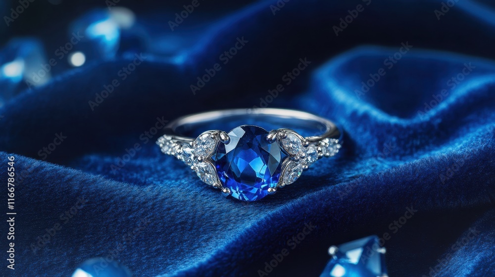 Elegant Sapphire Ring with Diamond Accents on Blue Velvet Background Elegant Sapphire Ring with Diamond Accents on Blue Velvet Background