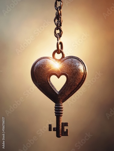 A romantic heart symbol paired with a vintage key, representing love and connection in a warm, soft light background. photo