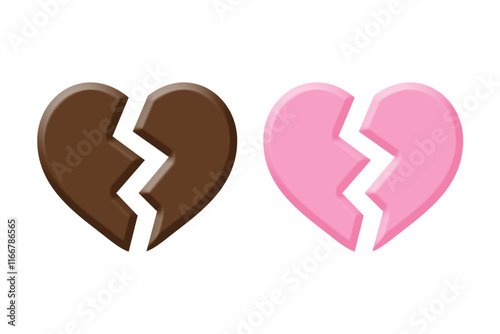 Heart-shaped broken chocolate milk and strawberry vector icons set