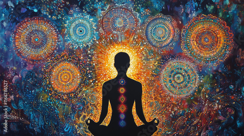 A glowing silhouette of a meditating figure with seven chakras aligned, each depicted as intricate, pulsating mandalas photo