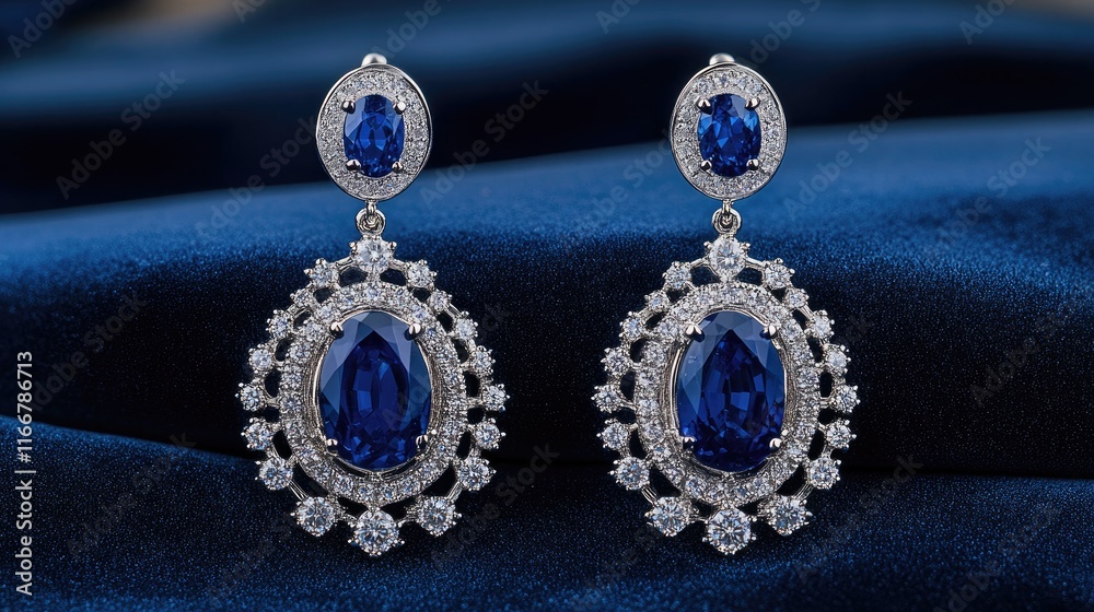 Elegant Blue Sapphire and Diamond Studded Earrings on Soft Fabric Elegant Blue Sapphire and Diamond Studded Earrings on Soft Fabric