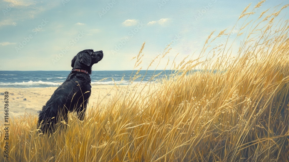 Dog Enjoying Nature at the Beach Surrounded by Tall Grass and Ocean Waves Dog Enjoying Nature at the Beach Surrounded by Tall Grass and Ocean Waves
