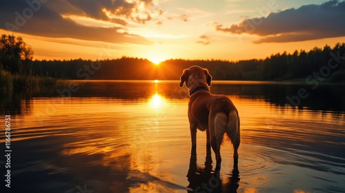 Fototapeta Naklejka Na Ścianę i Meble -  Dog standing in a tranquil lake at sunset gazing towards its owner amidst a serene natural landscape