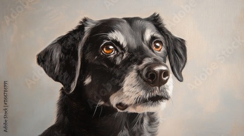 Black dog portrait showcasing expressive eyes and detailed fur background suitable for shelter adoption campaigns or pet care promotions. photo