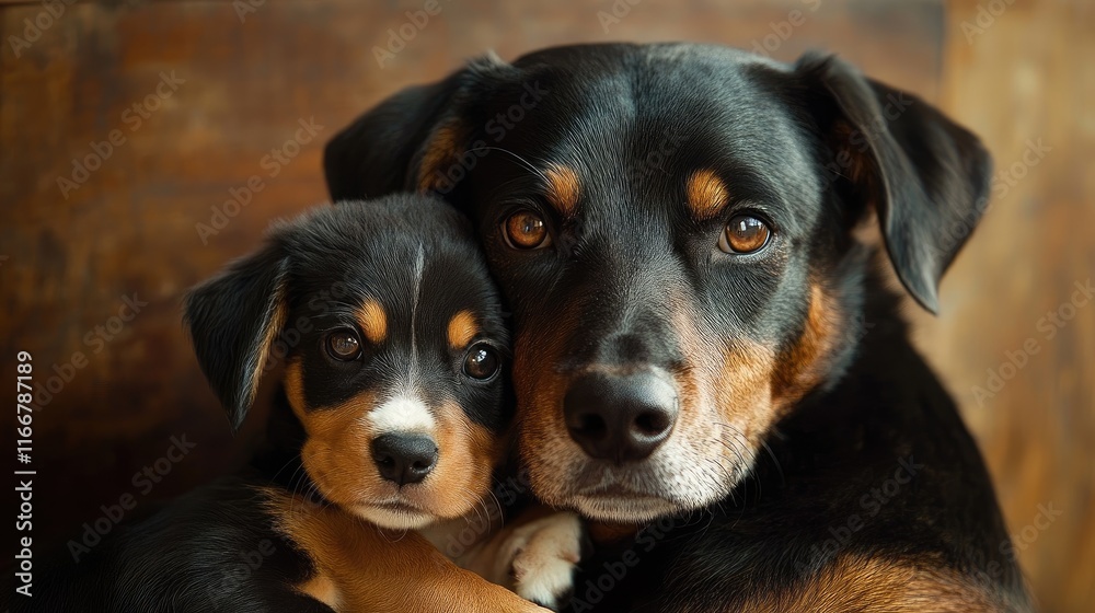 Affectionate dog and puppy duo embracing in a warm and loving moment showcasing their bond and connection.